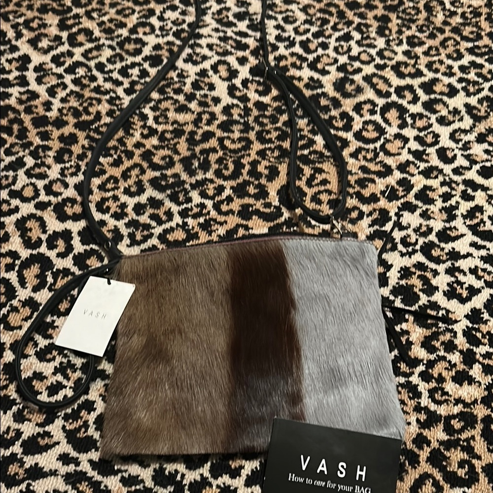 VASH Brown and Gray Pony Hair Fur Leather Women's Mickey Crossbody Bag Purse